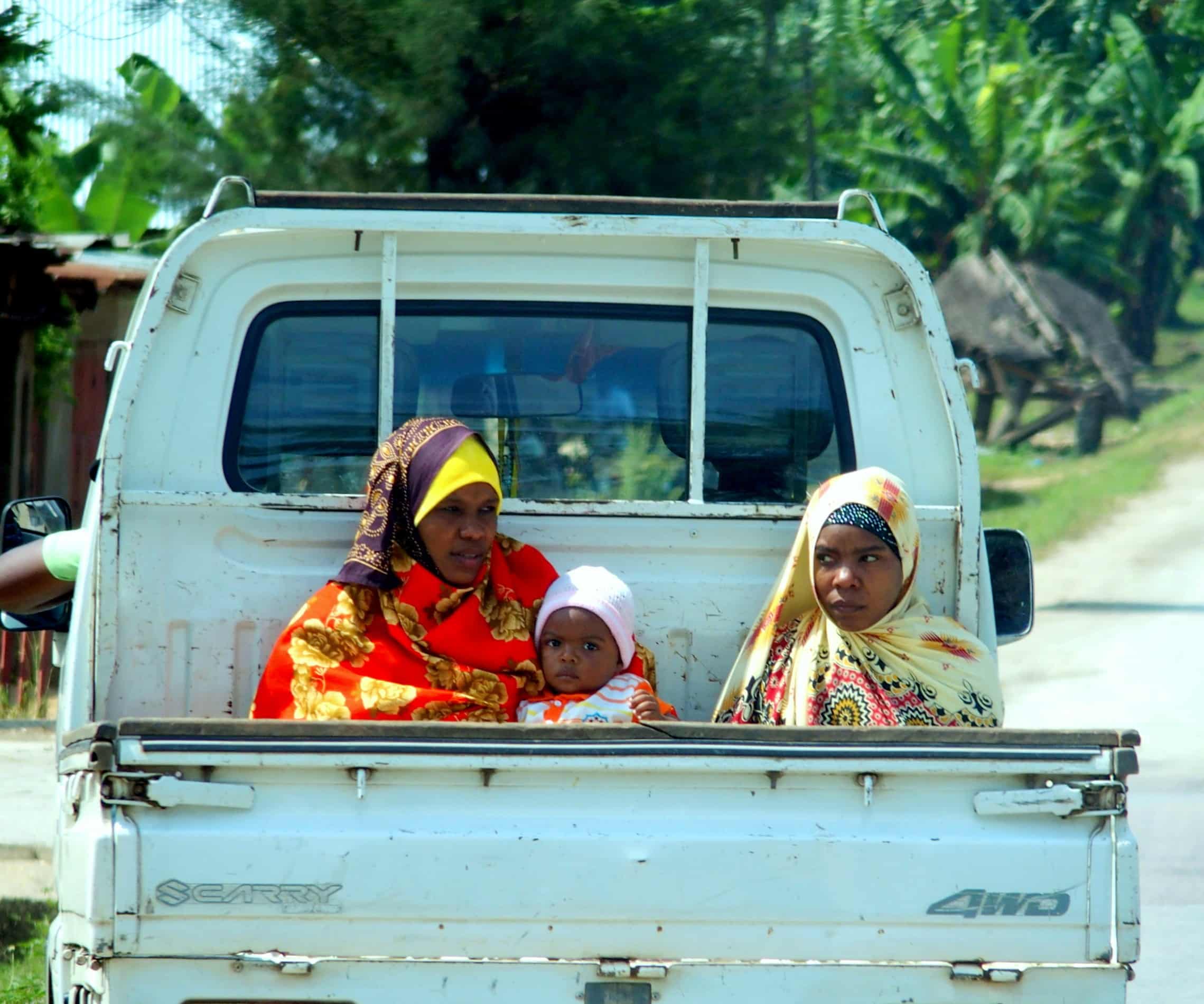 Famille dans camionnette sur route Zanzibar.